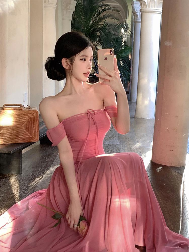 CHENGRUI Pháp ngọt ngào quần chúng lưới váy mùa hè nàng tiên khí chất thắt lưng hiển thị gầy váy xếp nếp nhẹ nhàng váy dài gió