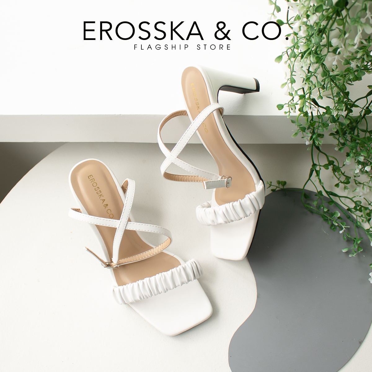 Erosska - Giày sandal cao gót nữ mũi vuông phối dây quai mảnh cao 8cm - EB044