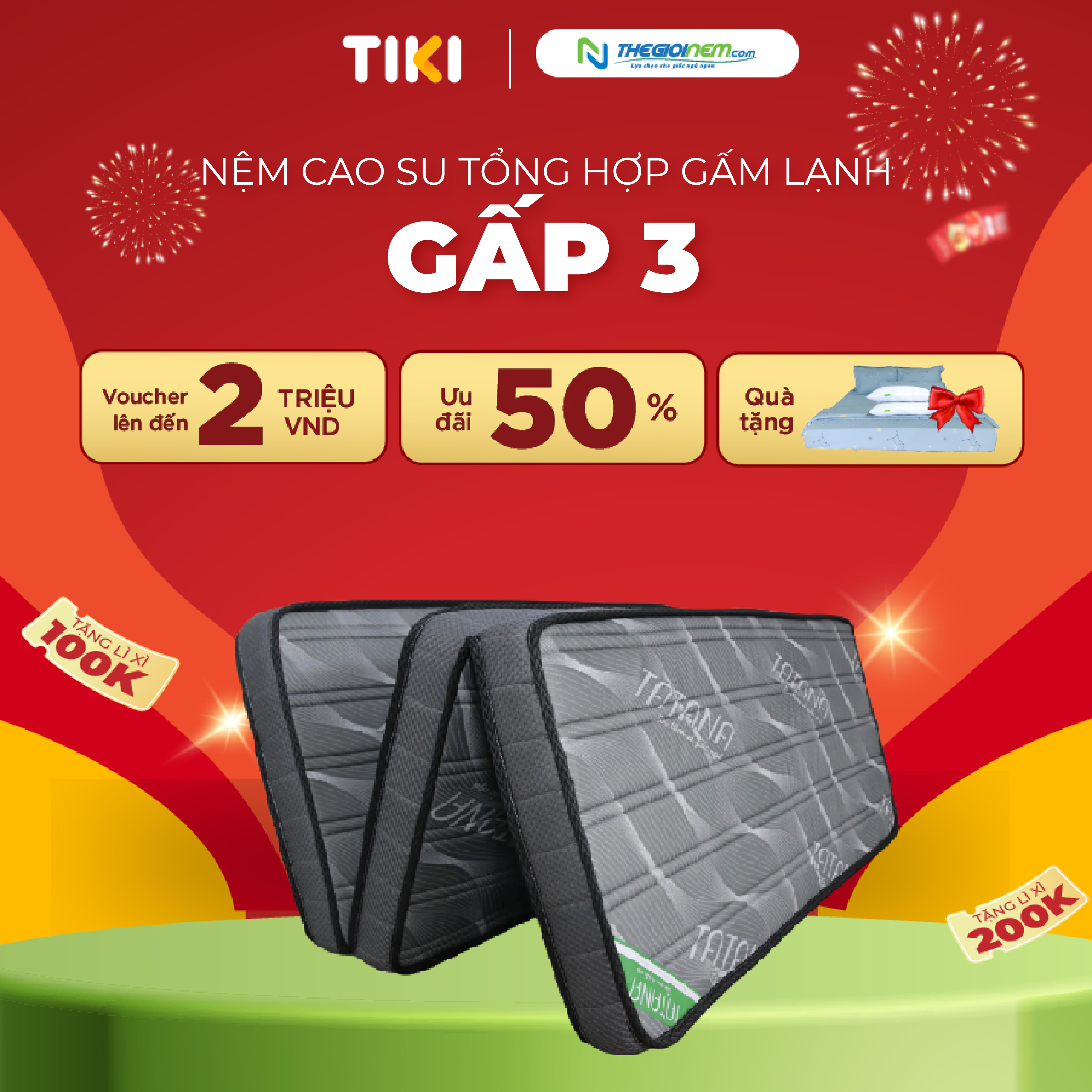 Nệm Cao Su Tổng Hợp Vải Gấm Lạnh Tatana Dạng Gấp 3 - 100X200 - 12Cm