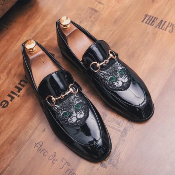 Free ship giầy lười da bóng thêu mèo xanh