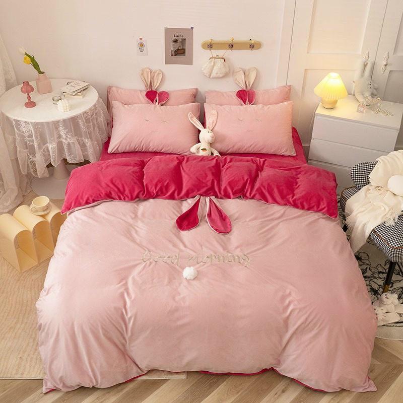 Bộ Chăn Ga Gối Nỉ Nhung HIN BEDDING, Bộ Chăn Ga Gối Nỉ Tai Thỏ Đáng Yêu Mềm Mịn Cao Cấp