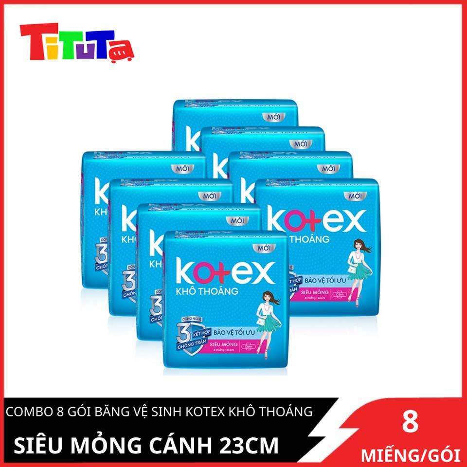 Combo 8 Gói Băng vệ sinh Kotex khô thoáng siêu mỏng cánh 23cm (8 miếng/gói)