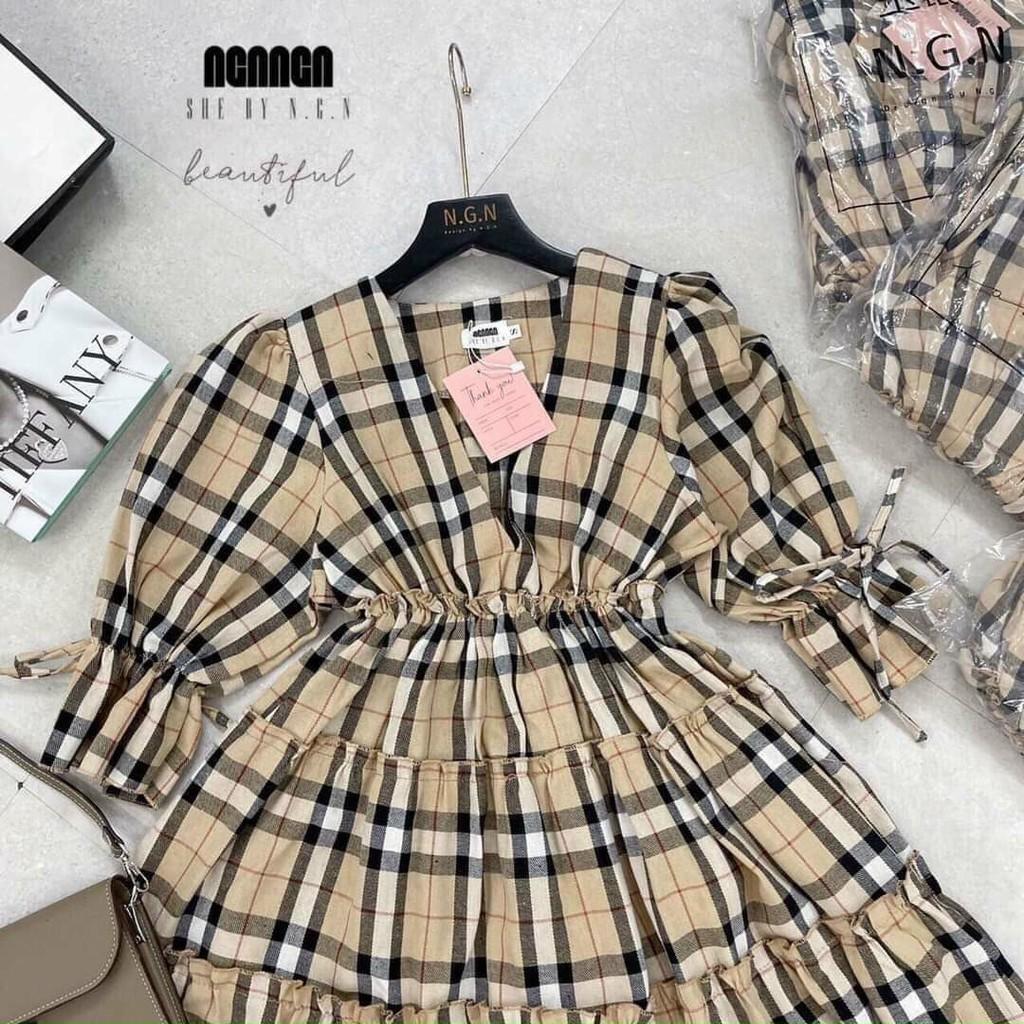 Váy Bầu Kẻ Caro Váy Bầu Tay Bồng Dáng Xòe HD2820 Honey Mommy