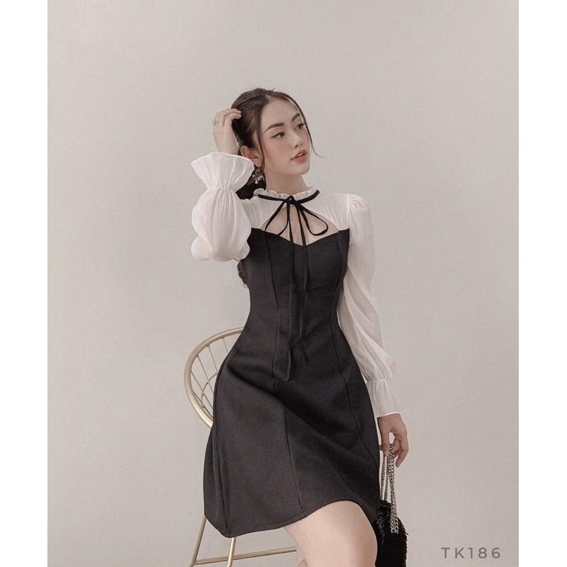 Váy Đen Phối Voan Tay Dài Cut Out Ngực Thắt Nơ Đi Chơi Dạo Phố - LH120