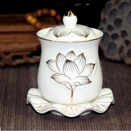 Chum ly nước có nắp khắc Hoa sen nổi có đế lá sen 8cm/9cm/10.5cm.