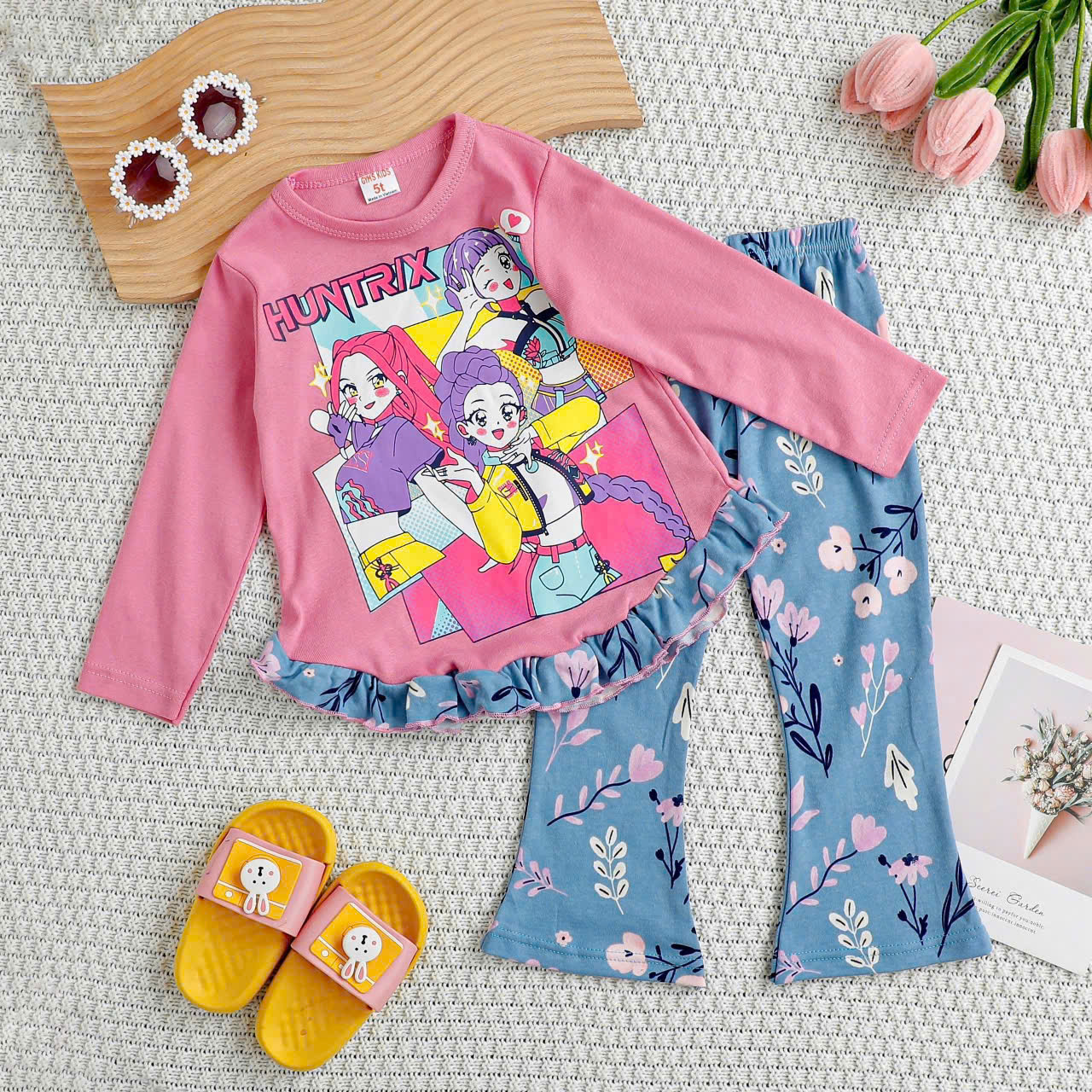 Đồ bộ bé gái, Bộ ngủ dài tay thu đông cho bé gái từ 12-40kg chất cotton hàng xuất mềm mịn mát