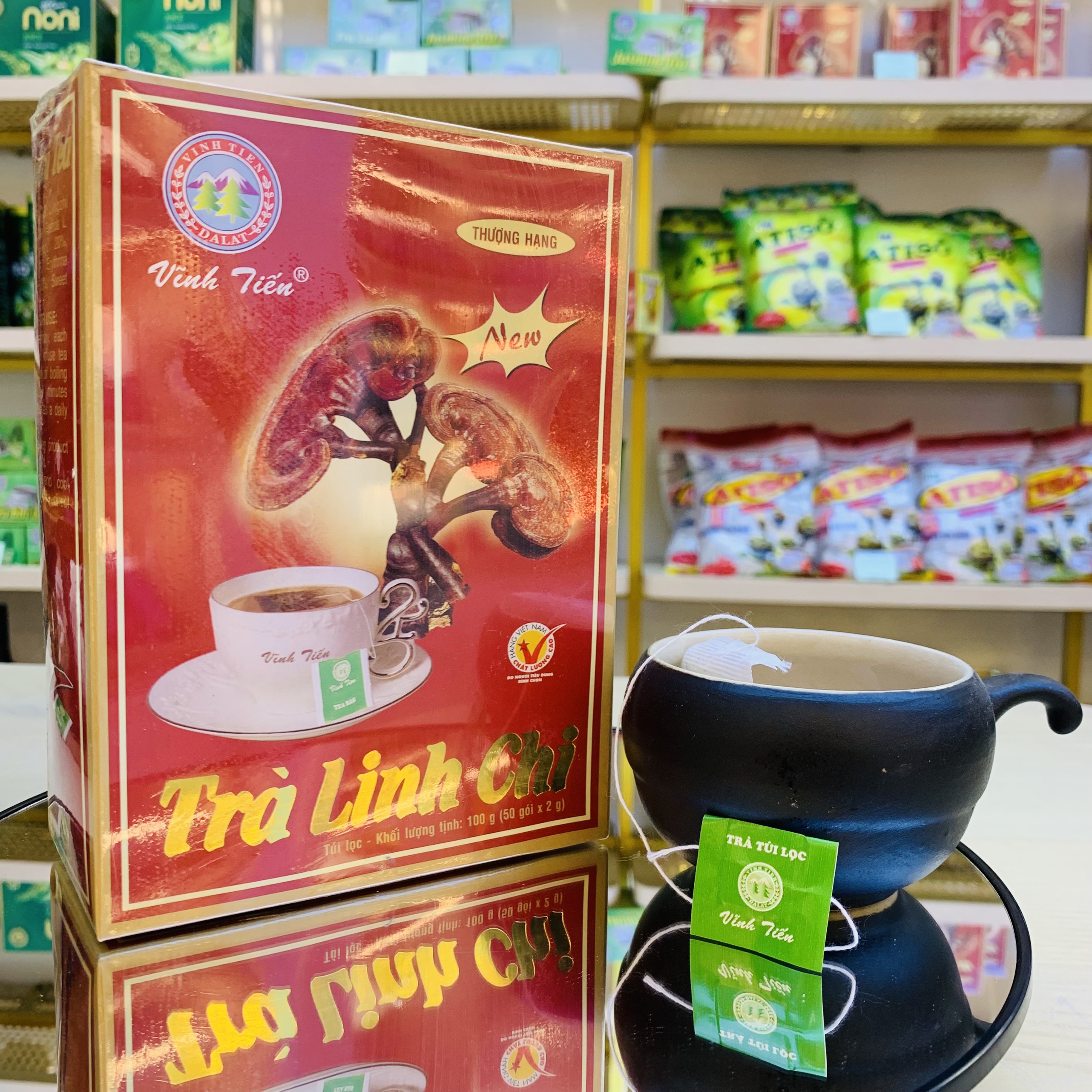 Trà Linh Chi Túi Lọc Vĩnh Tiến Hộp - Nâng cao miễn dịch, tốt cho người huyết áp cao.