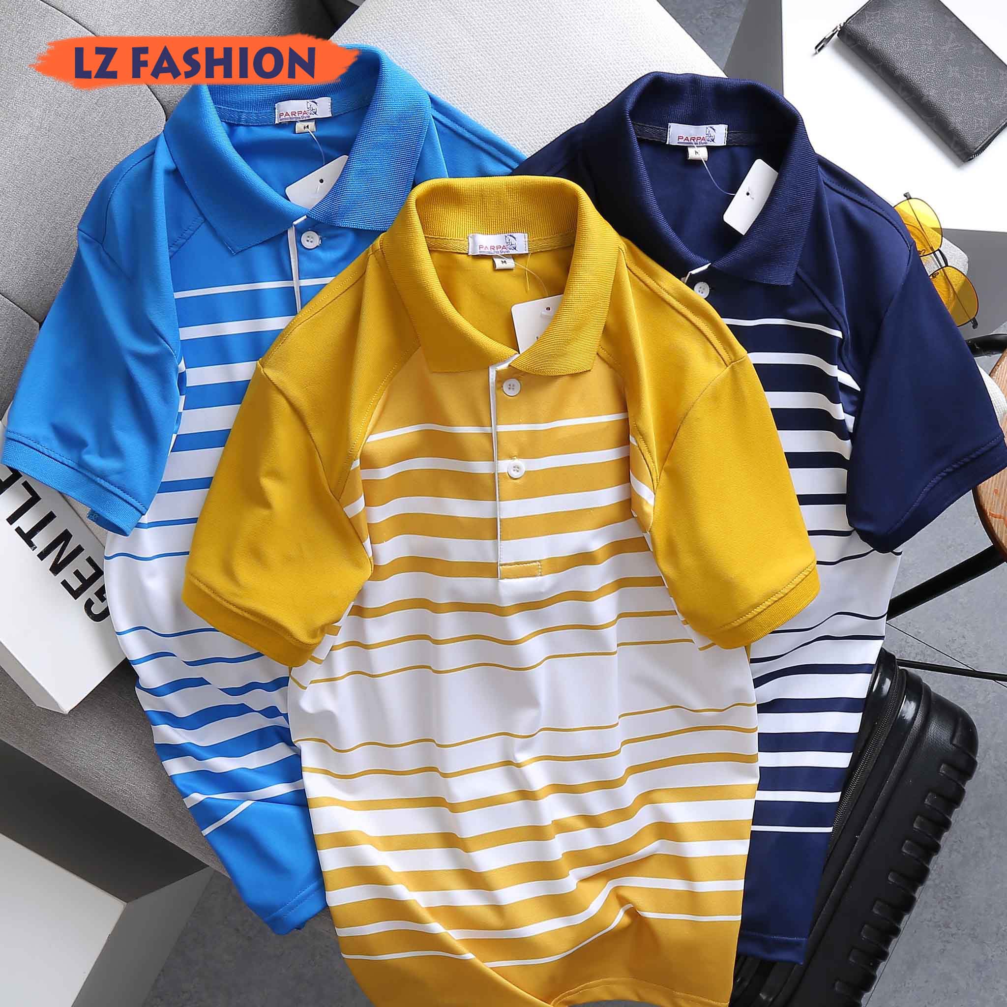 Áo Thun Polo Có Cổ Tay Ngắn Nam Phối Sọc Ngang Phong Cách Trẻ Trung - LZPS156