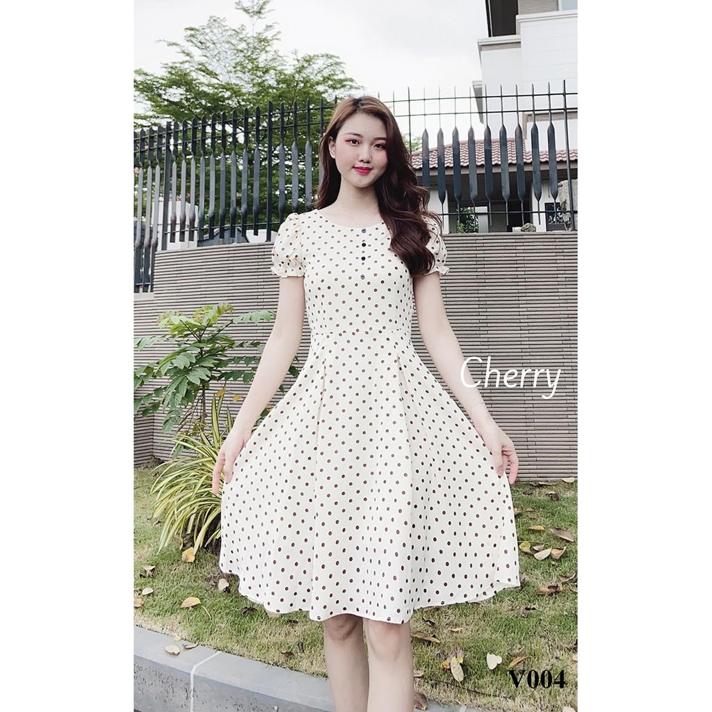 Đầm công sở chấm bi dáng đầm xòe có hai dây thắt eo tôn dáng, váy công sở ôm eo tôn body siêu đẹp - Cherry V004