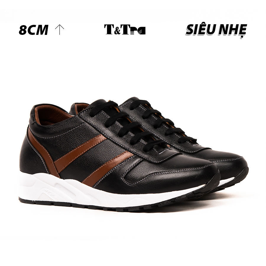 Giày Độn Nam Siêu Nhẹ T&TRA Tăng Cao 8Cm- T21 Đen sọc nâu - Chất Liệu Da Bò Cao Cấp, Đế và Lót Tăng Cao Chất Liệu EVA Siêu Nhẹ, Trọng Lượng Nhẹ Hơn 30% So Với Đế Cao Su