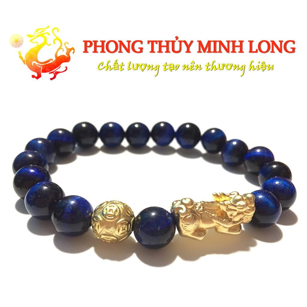 Vòng tay đá mắt hổ Xanh Dương 5A mix Tỳ Hưu và 1 hạt Kim Tiền hợp mệnh Thủy và Mộc