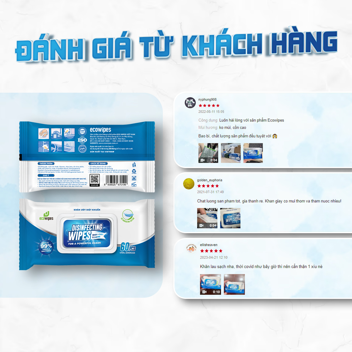 Khăn giấy ướt diệt khuẩn Ecowipes gói 60 tờ Disinfecting Wipes diệt 99,9% vi khuẩn hương chanh dịu nhẹ không kích ứng da