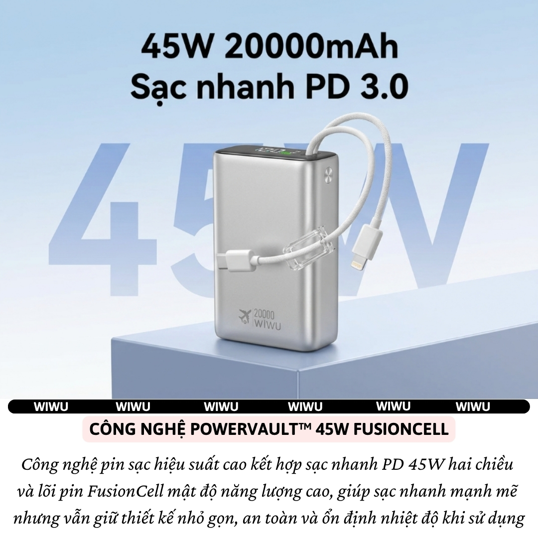 Pin dự phòng WIWU PowerPlus PD 3.0 45W 20.000mAh tích hợp cáp USB-C &amp; L(iP) sạc nhanh cho iPhone iPad Laptop Macbook - sạc nhanh ổn định, tối ưu hiệu suất, Chuẩn an toàn 3C / CCC / CE / RoHS,  Thiết kế nhỏ gọn, cao cấp - hàng nhập khẩu