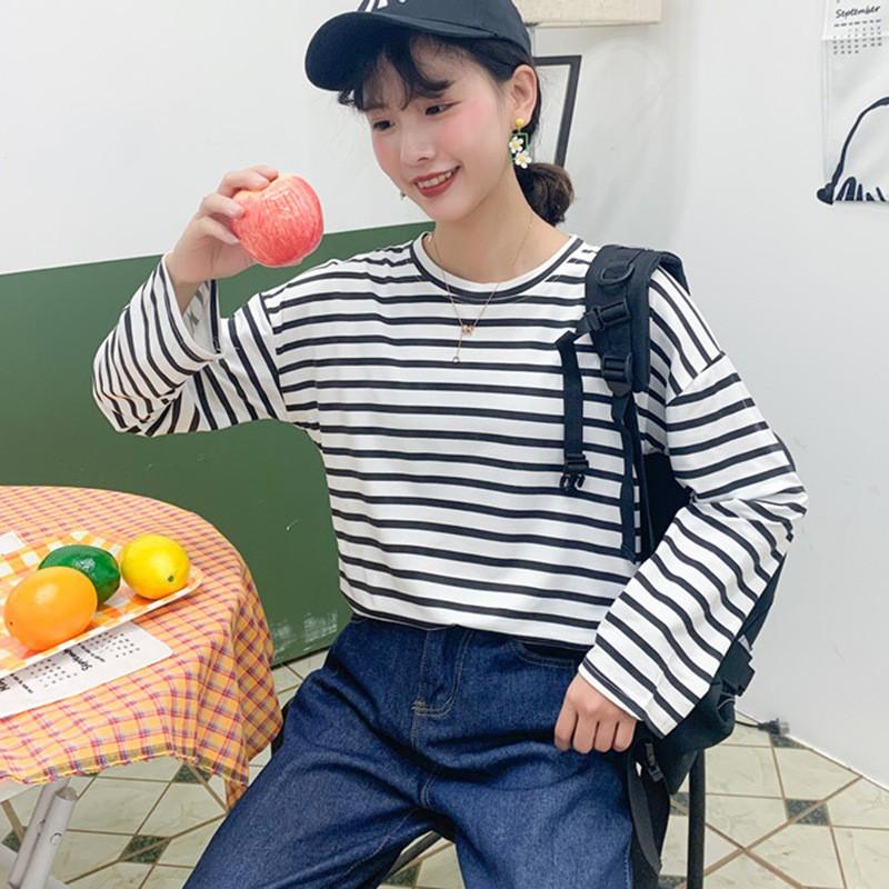 Áo Thun Nữ Tay Dài Họa Tiết Kẻ Sọc Ngang Thời Trang