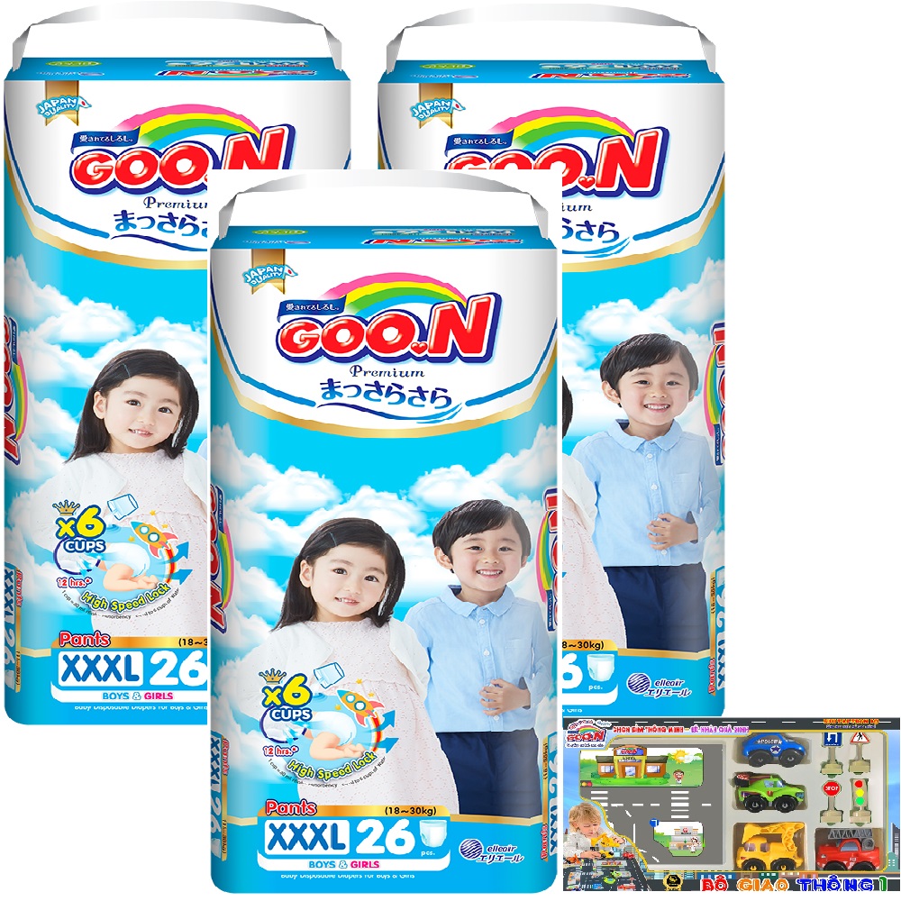 Combo 3 Gói Tã Quần Goon Premium Gói Cực Đại M46/L46/XL42/XXL36/XXXL26 Tặng 1 Bộ Giao Thông