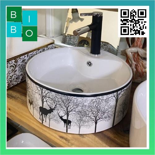 Chậu lavabo đặt bàn tròn hoa văn hươu