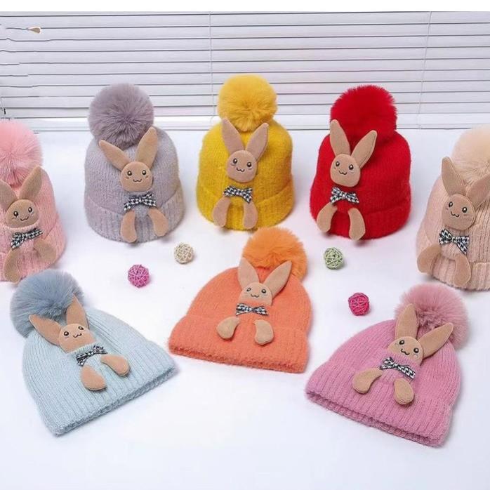 Mũ beanie, nón len cho bé hình thỏ có quả bông cực yêu, siêu ấm áp - HOT