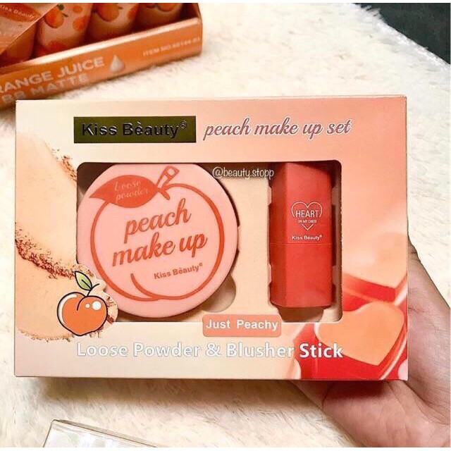 Bộ Trang Điểm 2In1 Peach Make Up Set Của Kiss Beauty (gồm phấn phủ + thanh phấn má)