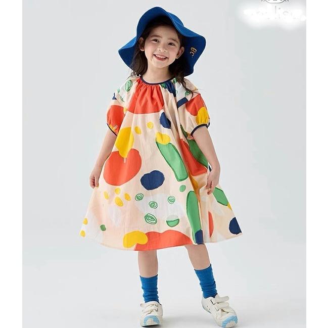 Đầm babydoll phồng cho bé gái màu loang cam phong cách Hàn Quốc từ 12-35kg chất kate mềm mát
