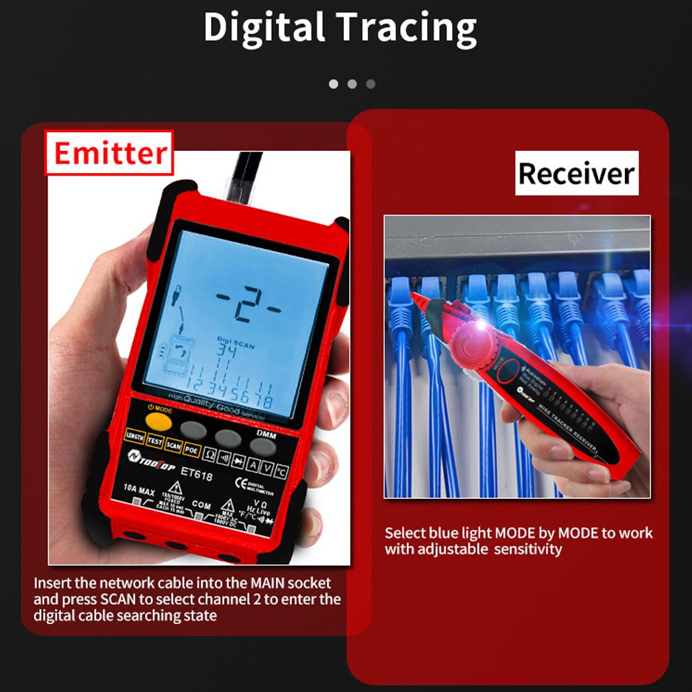 Handheld Portable 2in1 Network Cable Tester Multimeter LCD Display with Backlight Analogs Digital Search POE Test Cable Pairing Sensitivity Adjustable Network Cable Length Short Open Circuit Measure Trackers Multifunctional Cable Tester