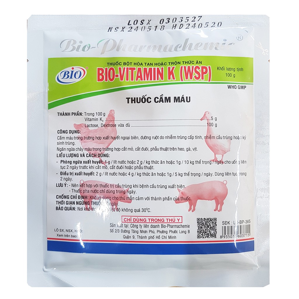 Thuốc bột hòa tan hoặc trộn thức ăn BIO VITAMIN K Cầm máu trong trường hợp xuất huyết ngoại biên, Ngăn ngừa chảy máu trong trường hợp cắt mỏ, cắt đuôi heo, gà