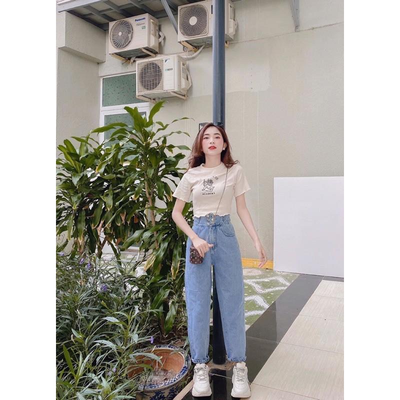 Quần baggy jeans trơn lưng cao nút bấm- ảnh thật shop chụp
