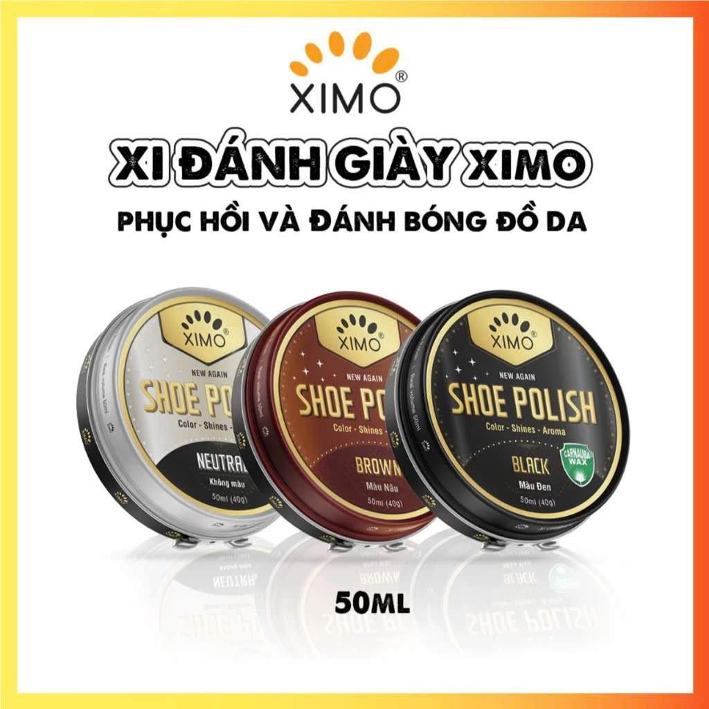 Xi Đánh Giày Sáp Shoe Polish XIMO 50ml XI08 giúp giày túi xách, ví, thắt lưng, đồ giả da sáng bóng tự nhiên, bảo dưỡng bền đẹp lâu hơn, tăng khả năng chống thấm nước hiệu quả