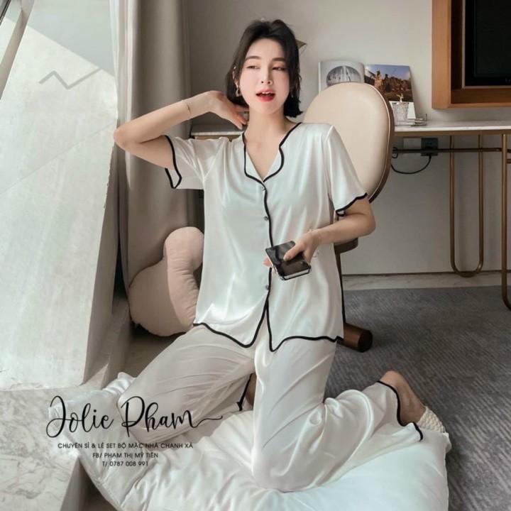 Pijama cộc dài viền đen lượn sóng cao cấp, Bộ mặc nhà pijama viền sóng lụa latin cao cấp cực mềm mịn mát không nhăn