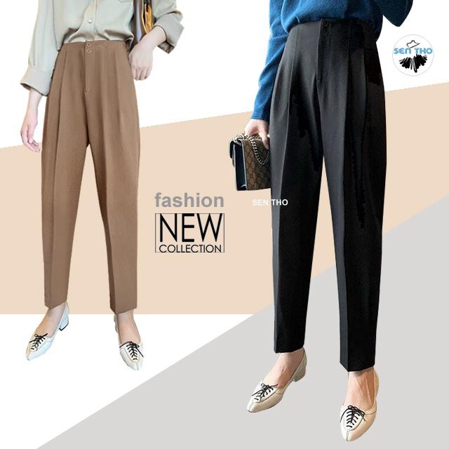 Quần Baggy Nữ Công Sở Xếp Ly Cạp Liền, Hai Khuy Chất Vải Cotton 2 Biên Nhẹ Mát Mau Đen Nâu Tây Trẻ Trung