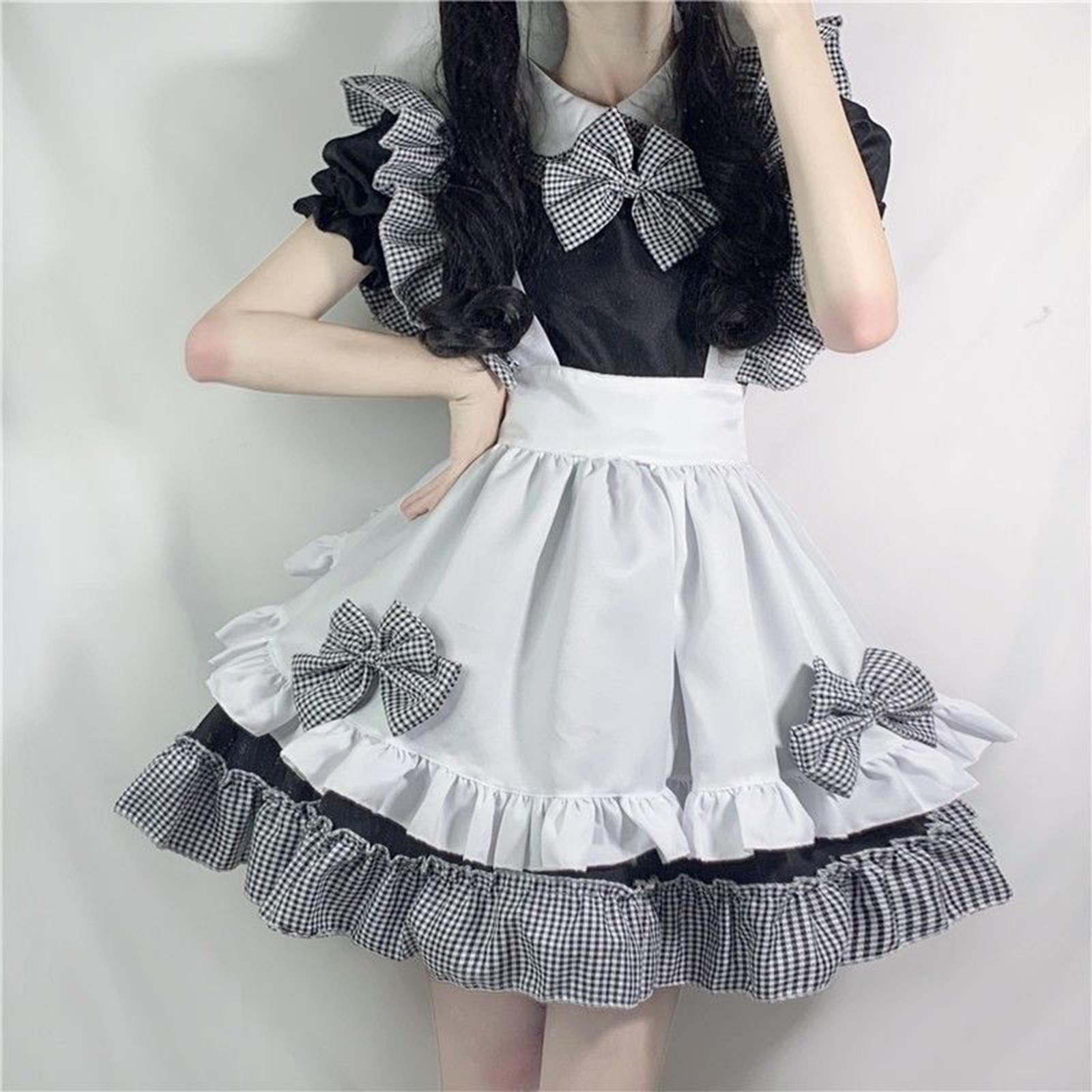 Women's French Maid Costume with Apron, Anime Cosplay Fancy Dress for Halloween Party