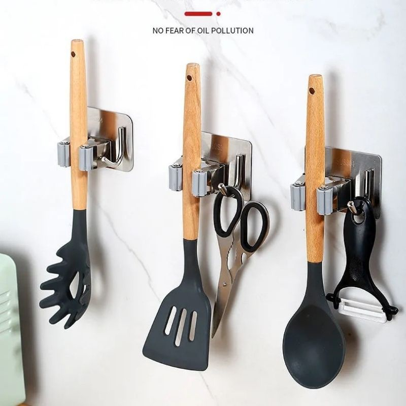 Kẹp Giữ Chổi, Cây Lau Nhà Dán Tường 2in1 Kèm Móc Treo Bằng Inox 304, Siêu Chắc Và Chịu Lực