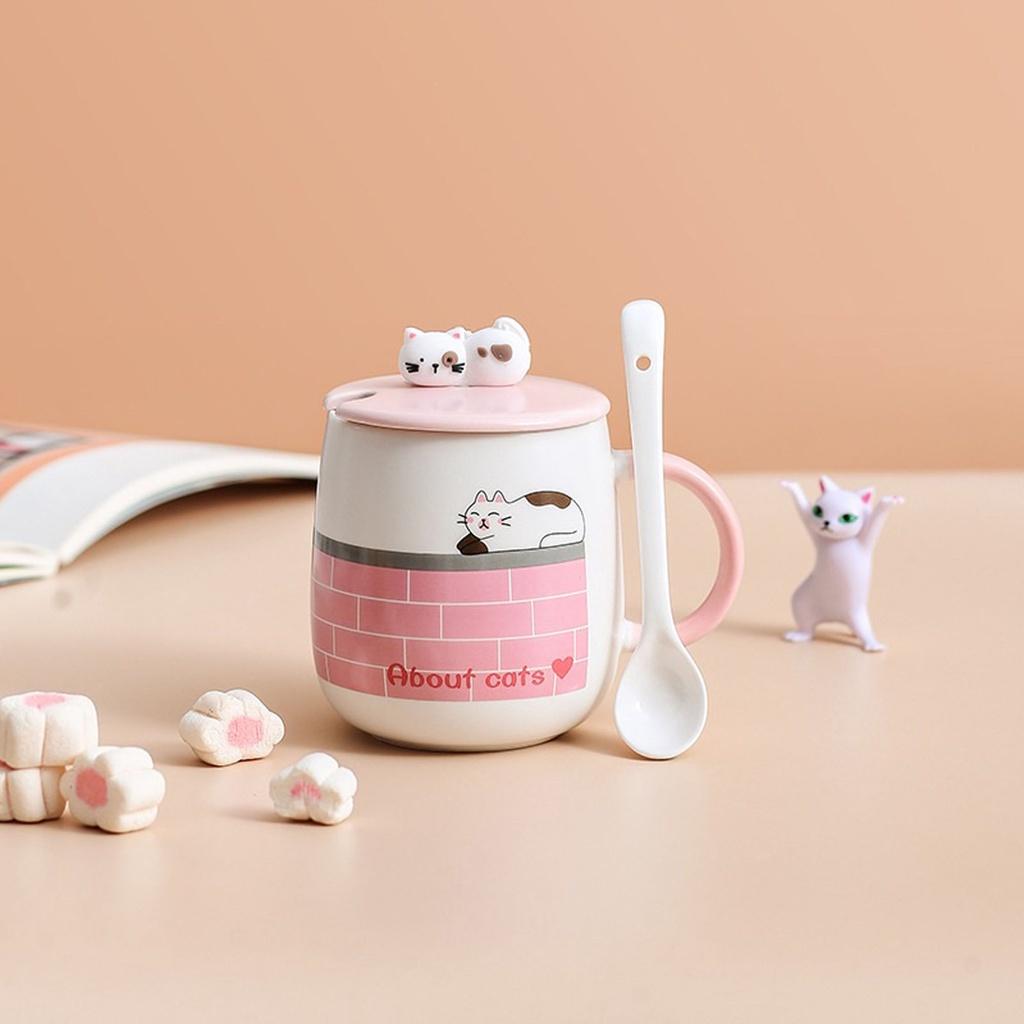 Bộ cốc sứ, Cốc đánh răng, Quà lưu niệm, cute kèm nắp hình mèo và muỗng dễ thương 450ml