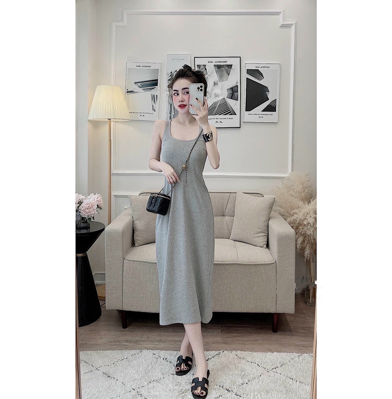 Đầm suông nữ thiết kế ba lỗ cổ tròn dáng xoè nhẹ vintage trẻ trung, Váy maxi nữ sát nách dáng dài đi biển