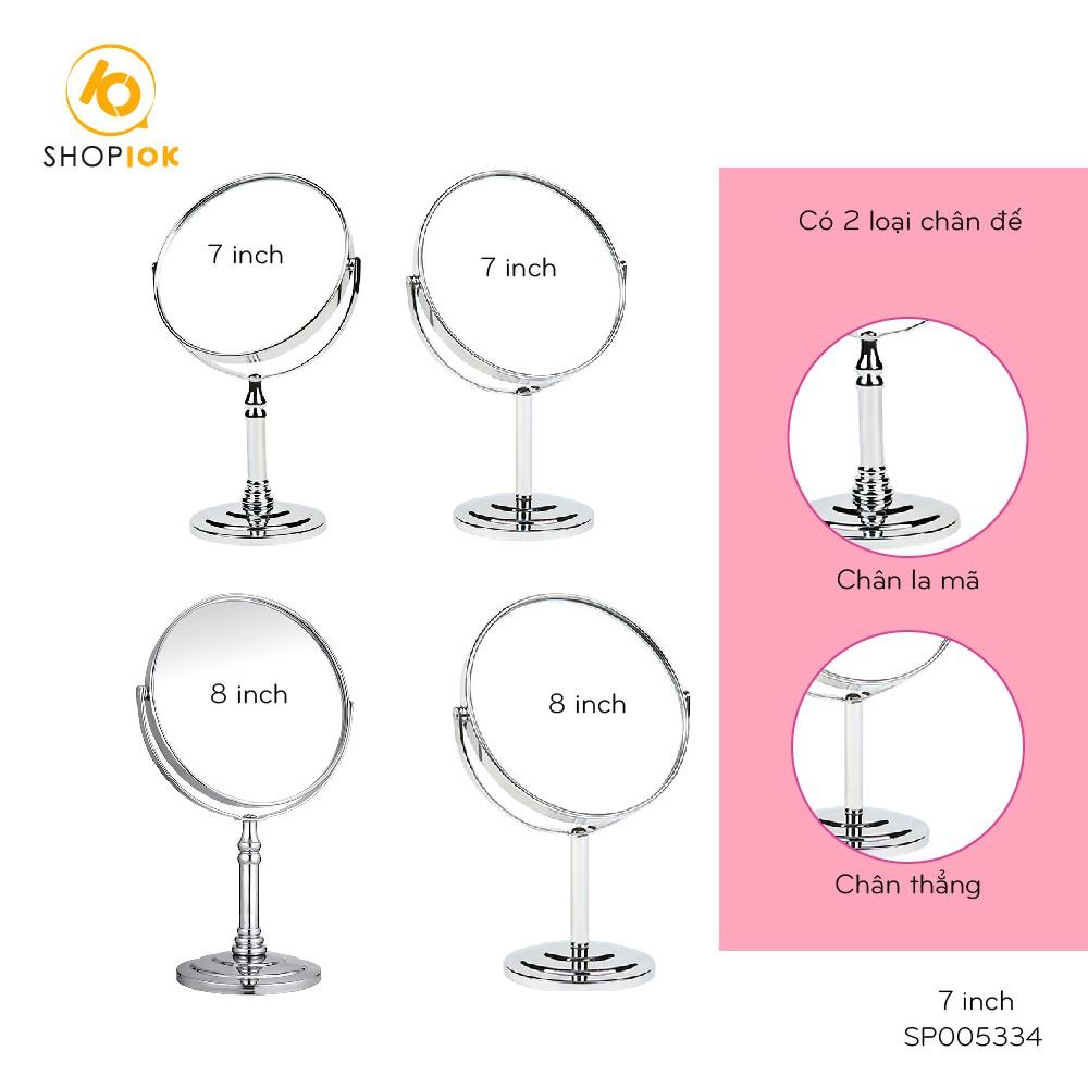 Gương trang điểm cho nữ, để bàn, gương phóng to 2 mặt khung inox xoay tròn nhiều kích thước