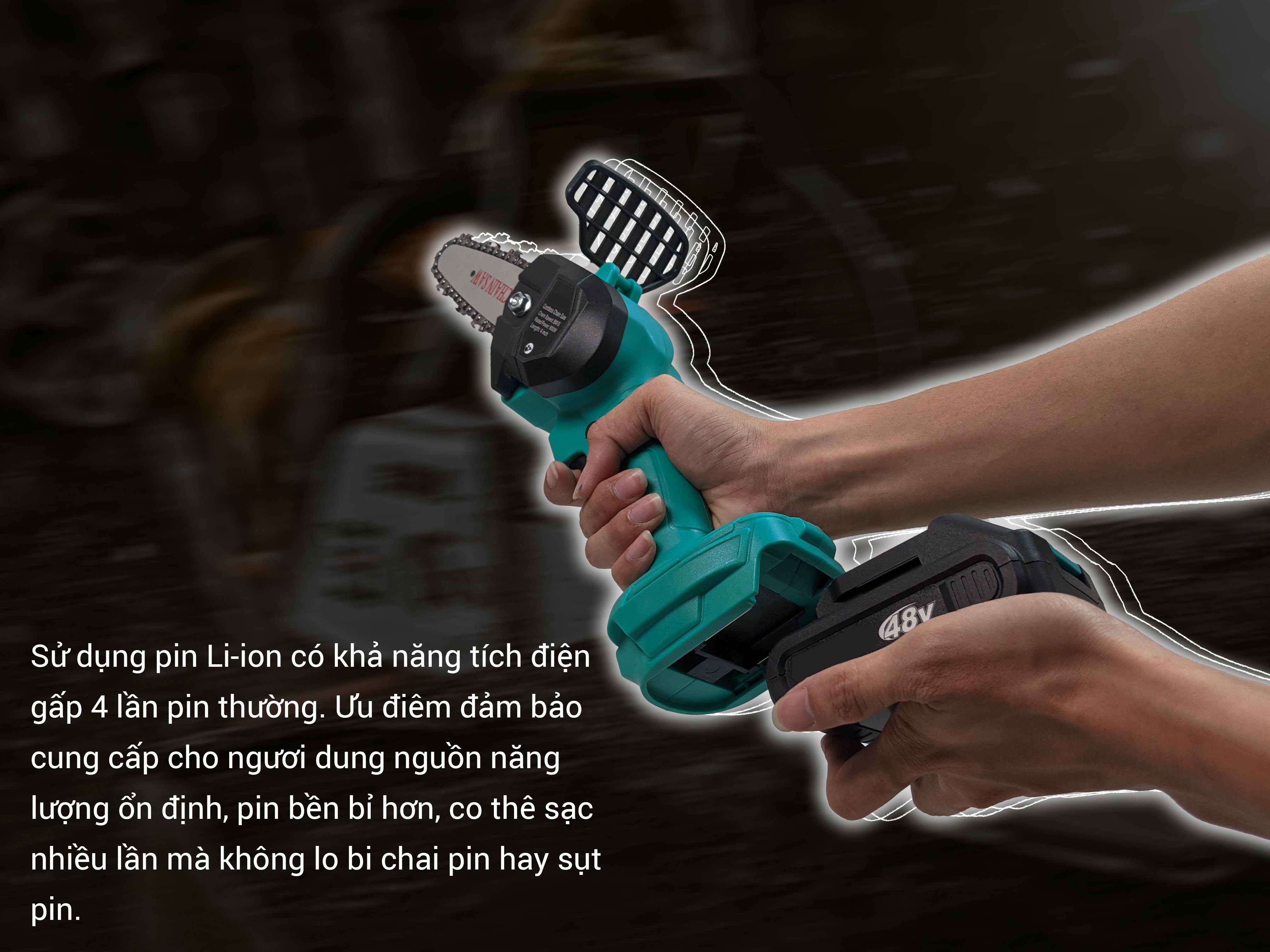 Máy cưa xích cầm tay mini dùng pin Makita 48V - Động cơ chổi than mạnh mẽ, công suất lên đến 900W - Pin li-ion 5 cell có thể sạc lại - Chuyên dụng tỉa cành, cắt gỗ lớn - Nhỏ gọn, tiện lợi, di chuyển dễ dàng - Tặng kèm 2 pin sạc