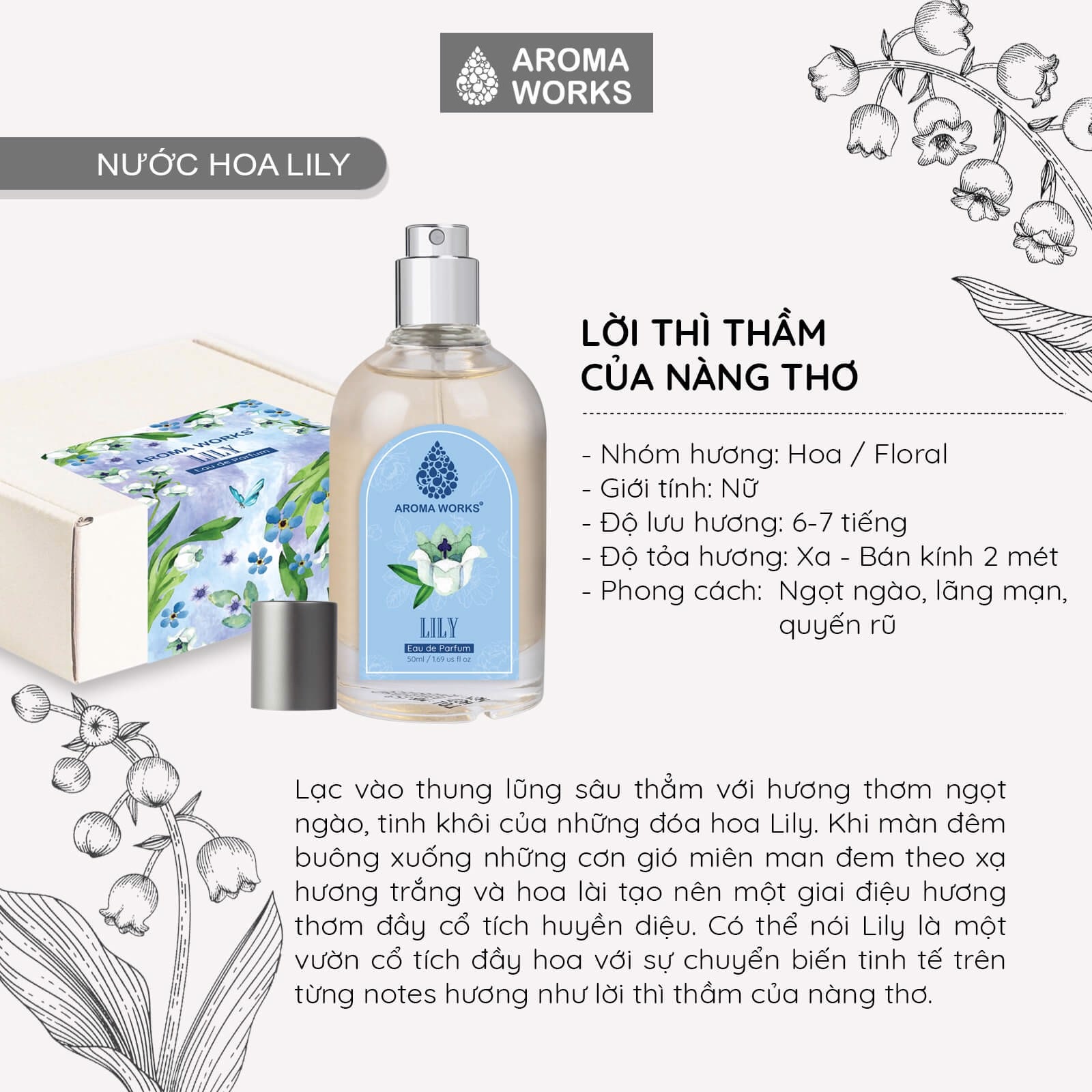 Nước hoa tinh dầu Aroma Works Lily Eau De Parfum lưu hương lâu