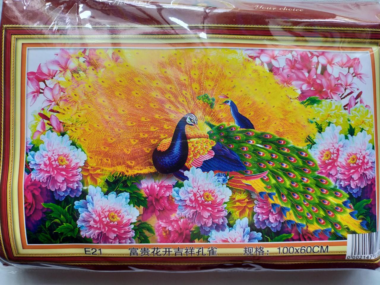 Tranh thêu chữ thập chim công và hoa E21 - 100 x 60 cm - chưa thêu