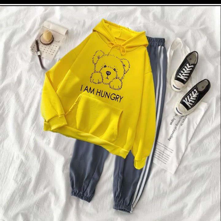 Set bộ áo hoodie nam nữ gấu nâu hunry chất nỉ bông siêu dày , phom rộng size từ 37 đến 65kg kèm quần 2 sọc bo xám