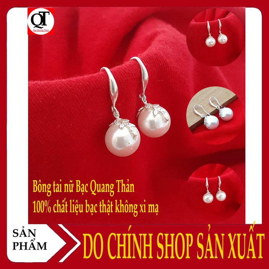 Bông tai bạc nữ ngọc nhân tạo màu trắng size 10ly  giáng dài 100% chất liệu bạc thật Bạc Quang Thản - QTBT21(TRẮNG)