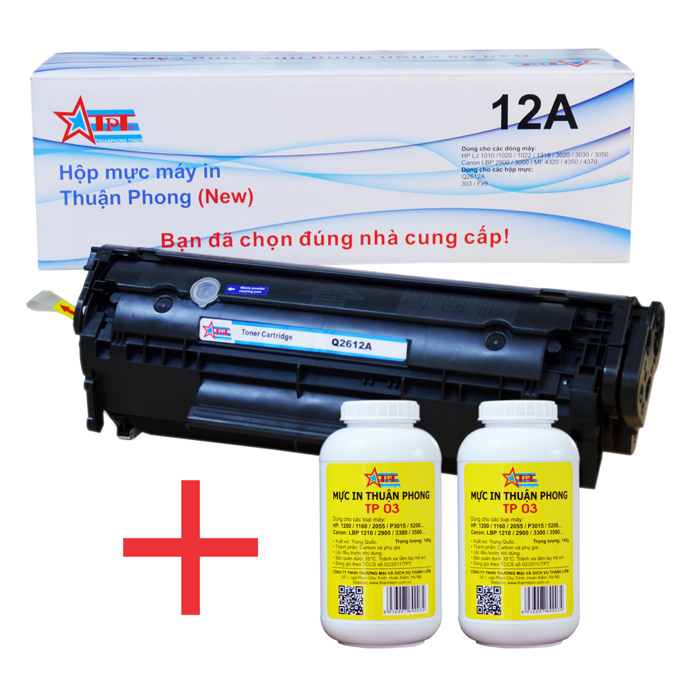 COMBO Hộp mực Thuận Phong 12A + 2 lọ mực đổ TP03 dùng cho máy in HP LJ 1010/ 1020/ 3030/ 3050/ Canon LBP 2900/ 3000/ MF 4000/ 4100 - Hàng Chính Hãng