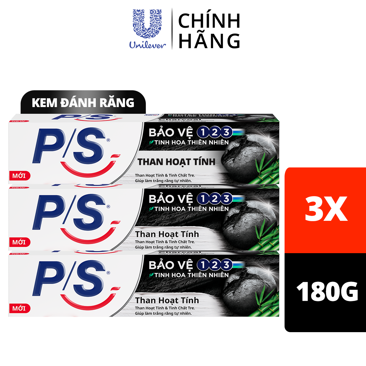 Combo 3 Kem đánh răng P/S Bảo vệ 123 Than Hoạt Tính 180g giúp làm trắng răng tự nhiên