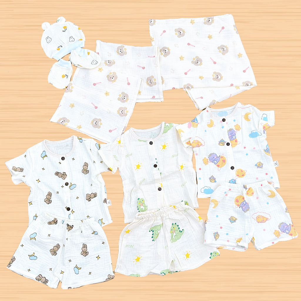 Set Quà Tặng Sơ Sinh Đầy Tháng Chất 16 Chi Tiết Chất Muslin Cho Bé Trai NB House Kids