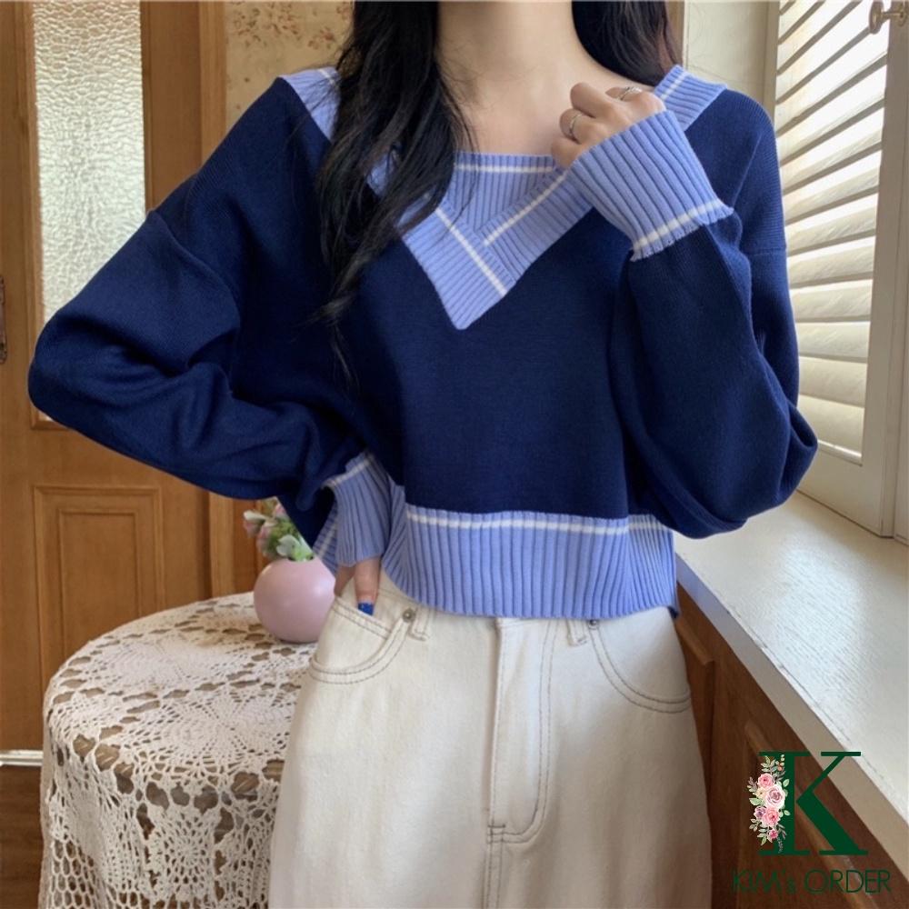 Áo Len Nữ Croptop Cổ Chữ V Màu Xanh Đen Trắng Be Xám Dài Tay Phong Cách Ulzzang Hàn Quốc Loại Đẹp Hàng Quảng Châu