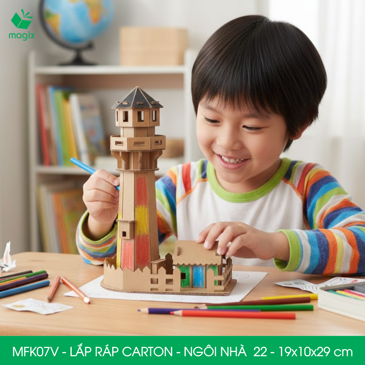 MFK07V - 19x10x29 cm - Mô hình ngôi nhà lắp ráp từ bìa carton cao cấp, nhà giấy carton mini sáng tạo