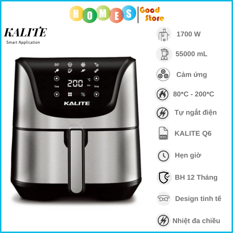 Nồi Chiên Không Dầu Công Nghệ Úc KALITE Q6 8 Chương Trình Cài Sẵn Dung Tích 5.5 Lít Công Suất 1700W - Hàng Chính Hãng