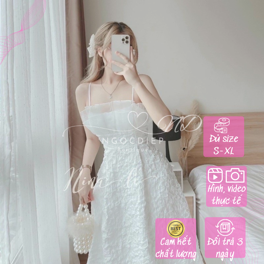Đầm 2 Dây Xoè Trắng Xốp phối Voan Bèo