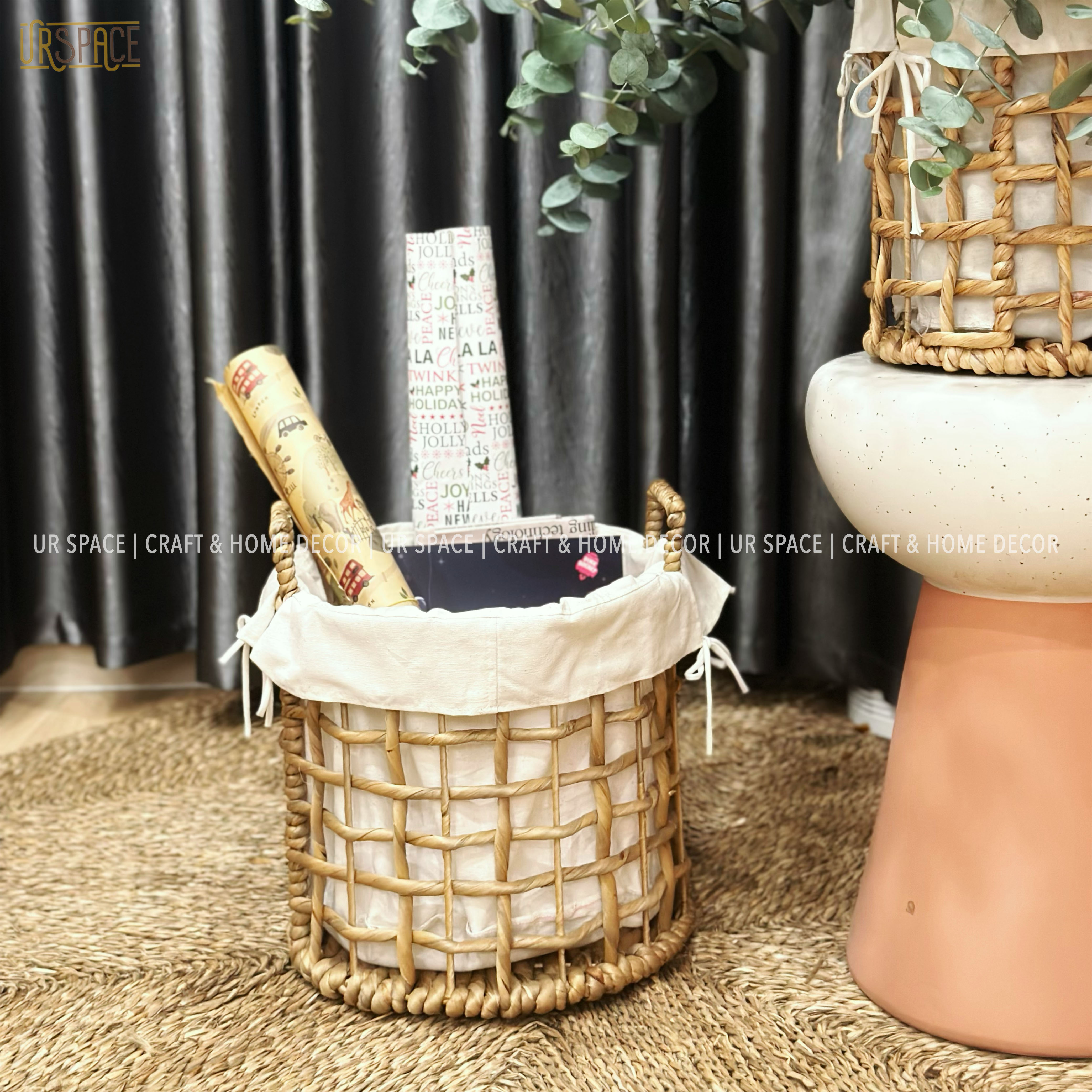 Giỏ lục bình URSPACE trồng cây decor trang trí, đựng quần áo giặt hình tròn có quai cầm / ROUND HYACINTH BASKET