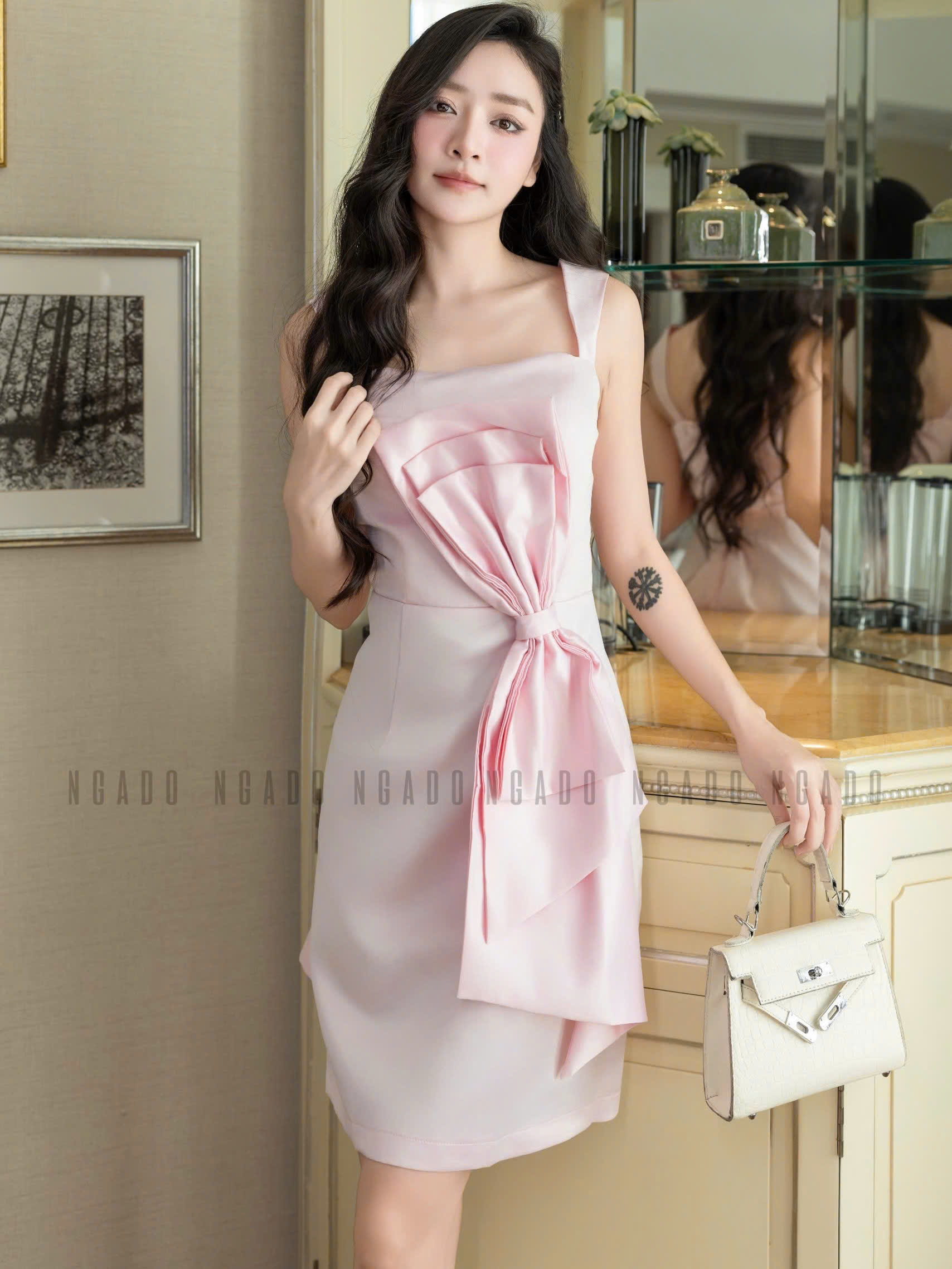 Đầm hồng nơ eo NGADO , đầm hồng dự tiệc , đầm công sở