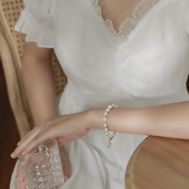 Lắc tay vòng tay nữ bạc cá tính dễ thương ngọc nước ngọt màu trắng