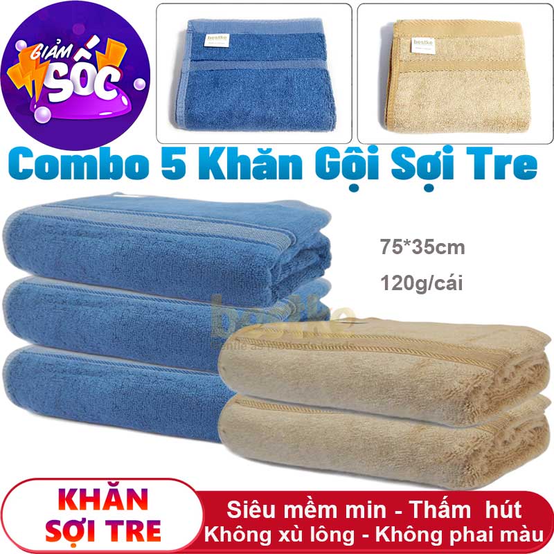 XẢ KHO set 5 khăn gội sợi tre cao cấp 75x35cm = 120g/cái màu xanh và nâu